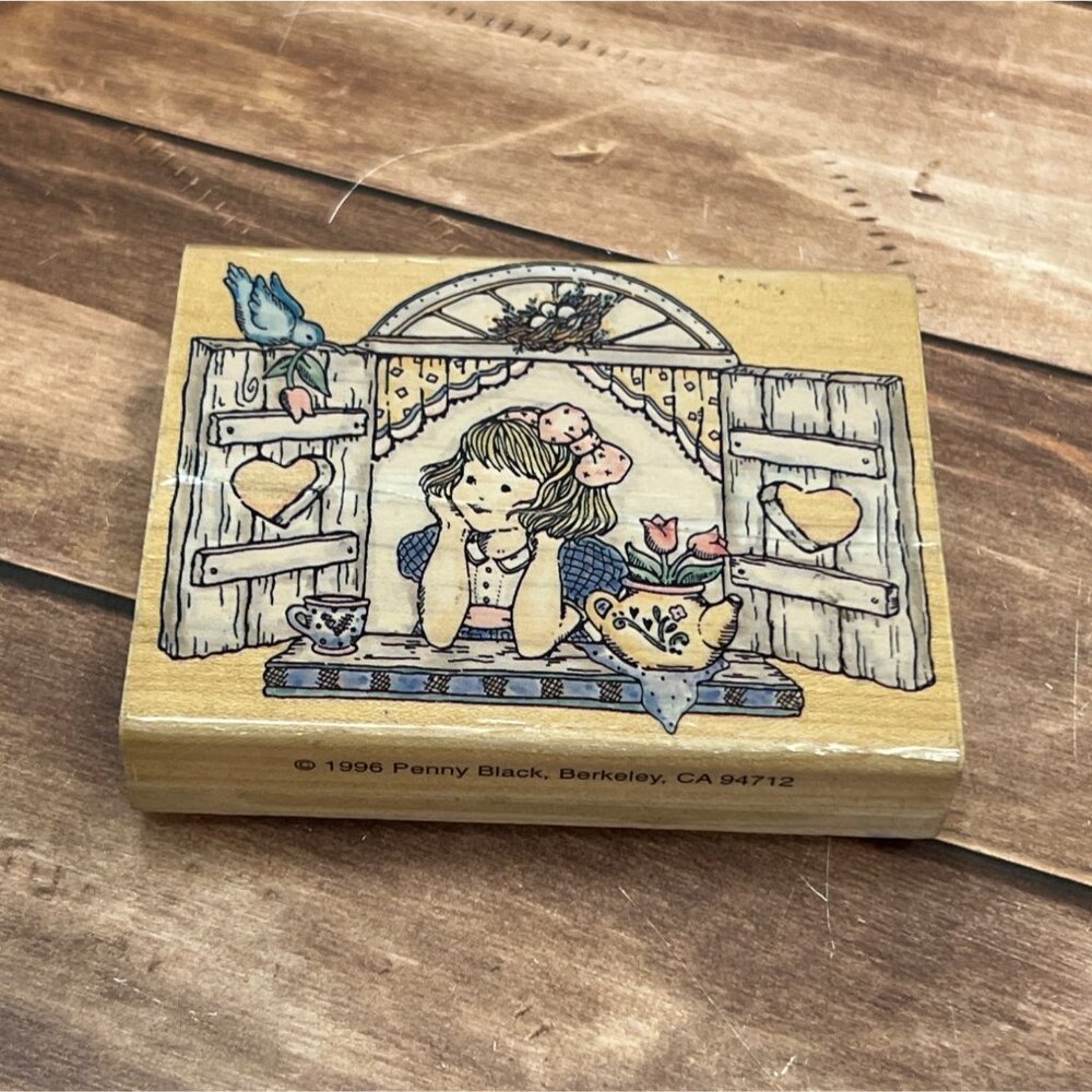 1996 PENNY BLACK 579K THINKING OF YOU WOOD MOUNTED RUBBER STAMP LOVE BLUE JAY